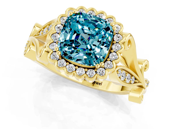 Yellow gold Cushion Cut Blue Topaz Halo Ring with Vintage Split Shank and Four-Prong Setting