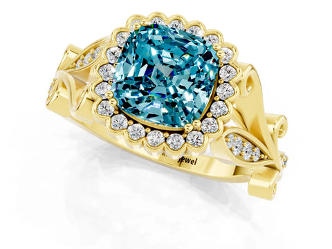 Yellow gold Cushion Cut Blue Topaz Halo Ring with Vintage Split Shank and Four-Prong Setting_1