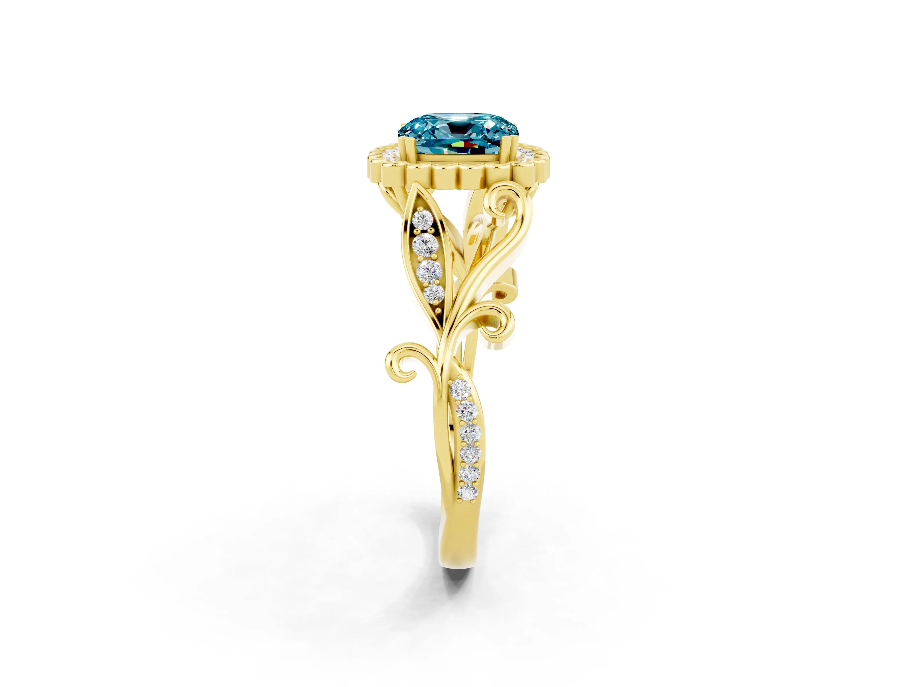 Yellow gold Cushion Cut Blue Topaz Halo Ring with Vintage Split Shank and Four-Prong Setting_2