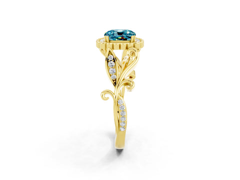 Yellow gold Cushion Cut Blue Topaz Halo Ring with Vintage Split Shank and Four-Prong Setting_2