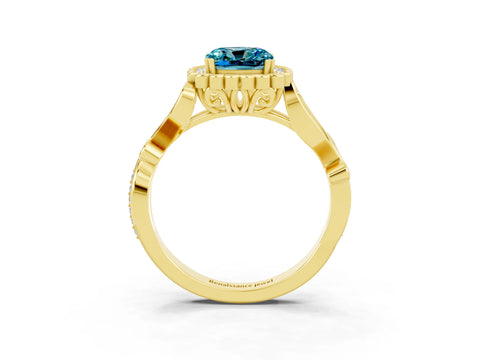 Yellow gold Cushion Cut Blue Topaz Halo Ring with Vintage Split Shank and Four-Prong Setting_3
