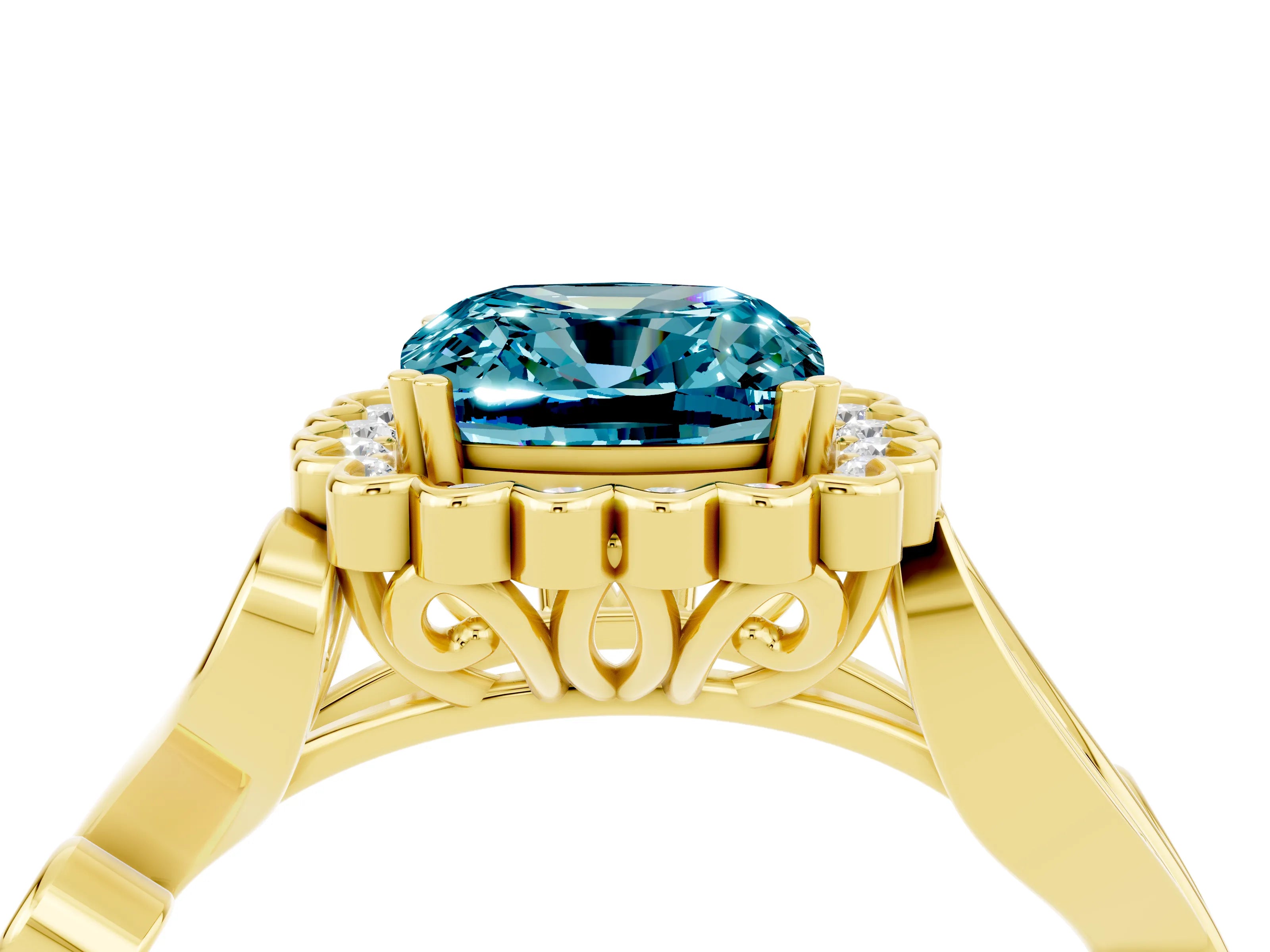 Yellow gold Cushion Cut Blue Topaz Halo Ring with Vintage Split Shank and Four-Prong Setting_4
