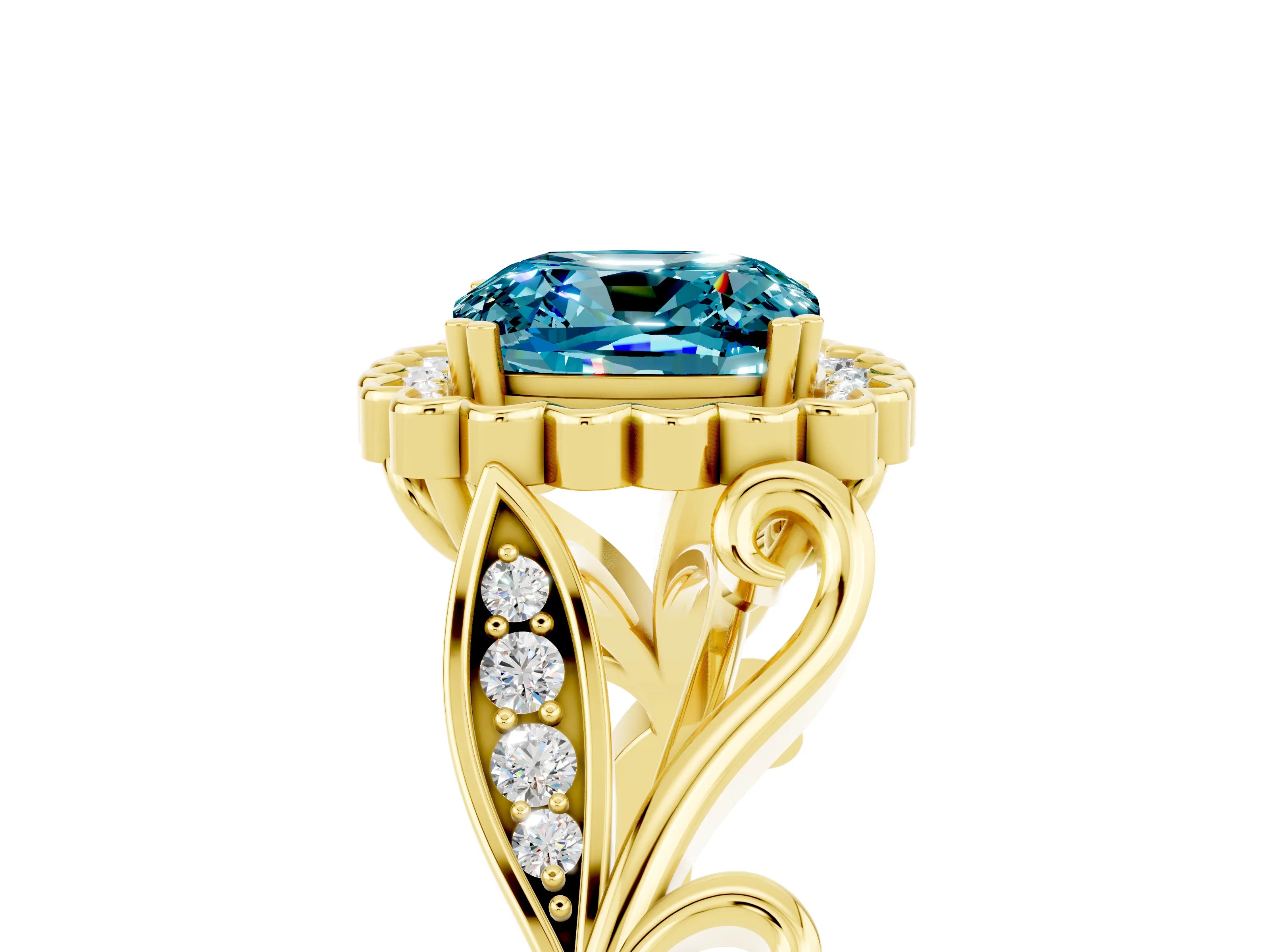 Yellow gold Cushion Cut Blue Topaz Halo Ring with Vintage Split Shank and Four-Prong Setting_5