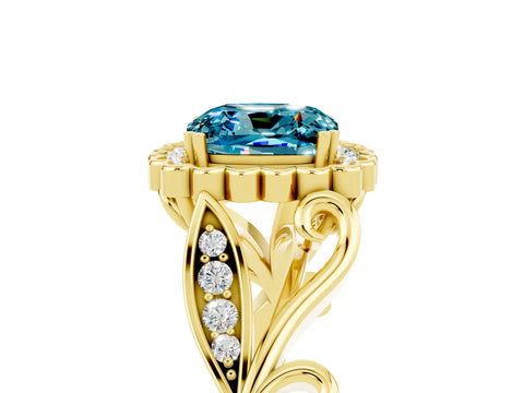Yellow gold Cushion Cut Blue Topaz Halo Ring with Vintage Split Shank and Four-Prong Setting_5