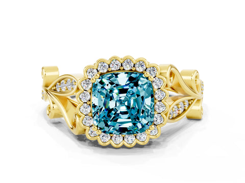 Yellow gold Cushion Cut Blue Topaz Halo Ring with Vintage Split Shank and Four-Prong Setting