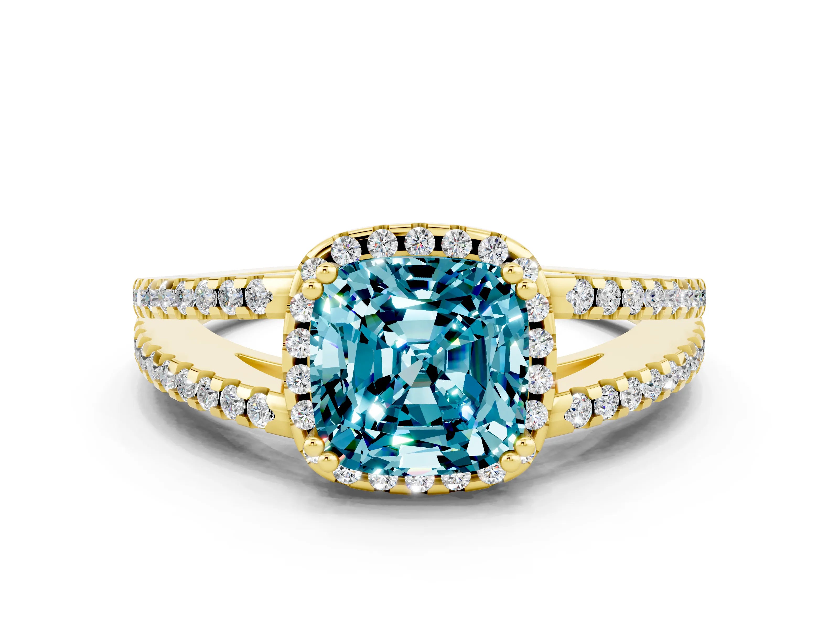 Yellow gold Cushion Cut Blue Topaz Halo Split Shank Engagement Ring_12