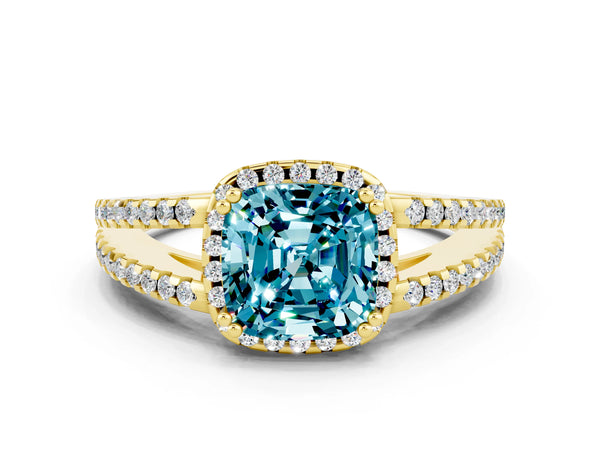Yellow gold Cushion Cut Blue Topaz Halo Split Shank Engagement Ring