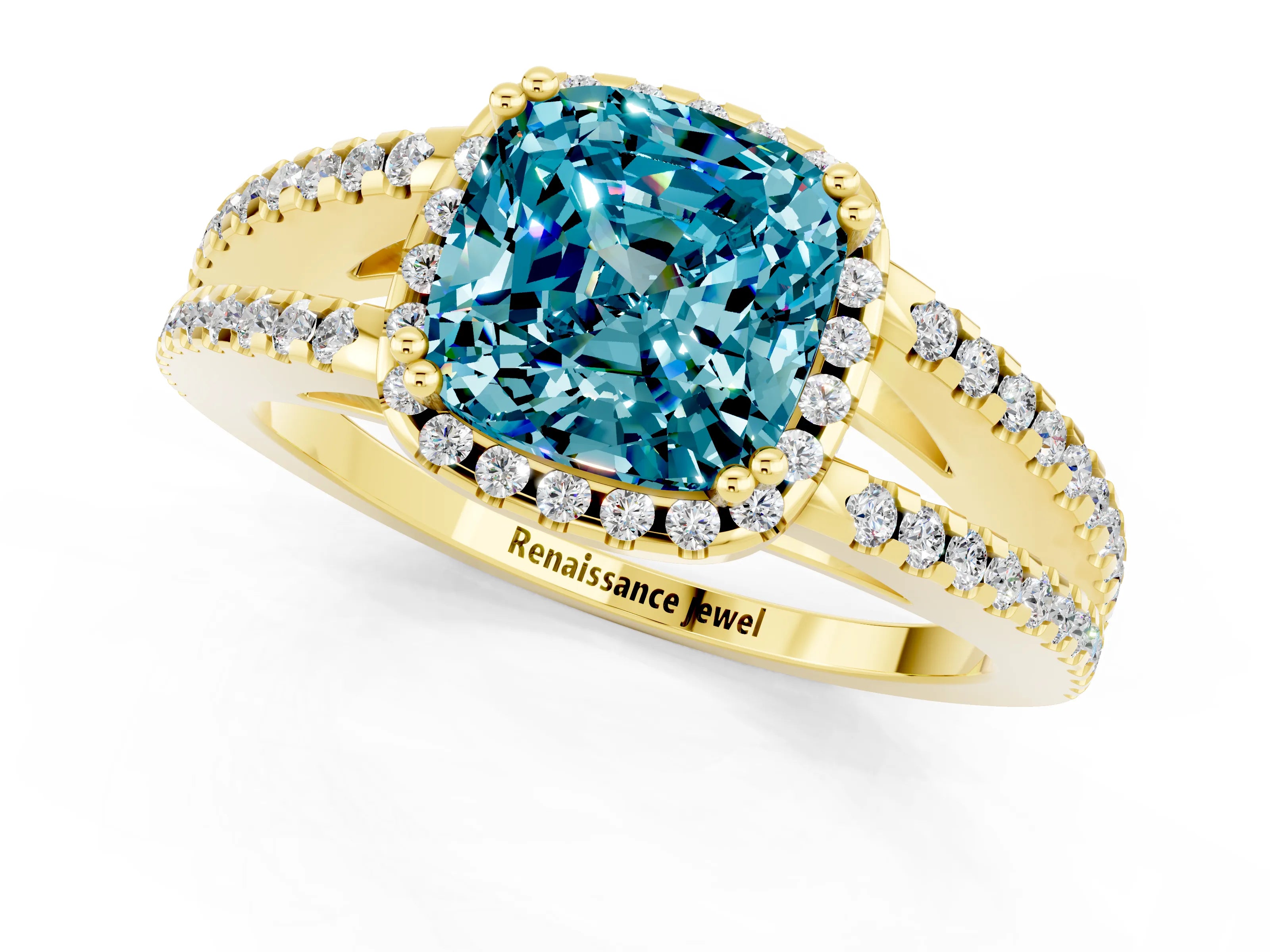 Yellow gold Cushion Cut Blue Topaz Halo Split Shank Engagement Ring_13