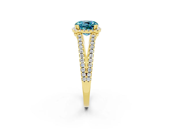 Yellow gold Cushion Cut Blue Topaz Halo Split Shank Engagement Ring