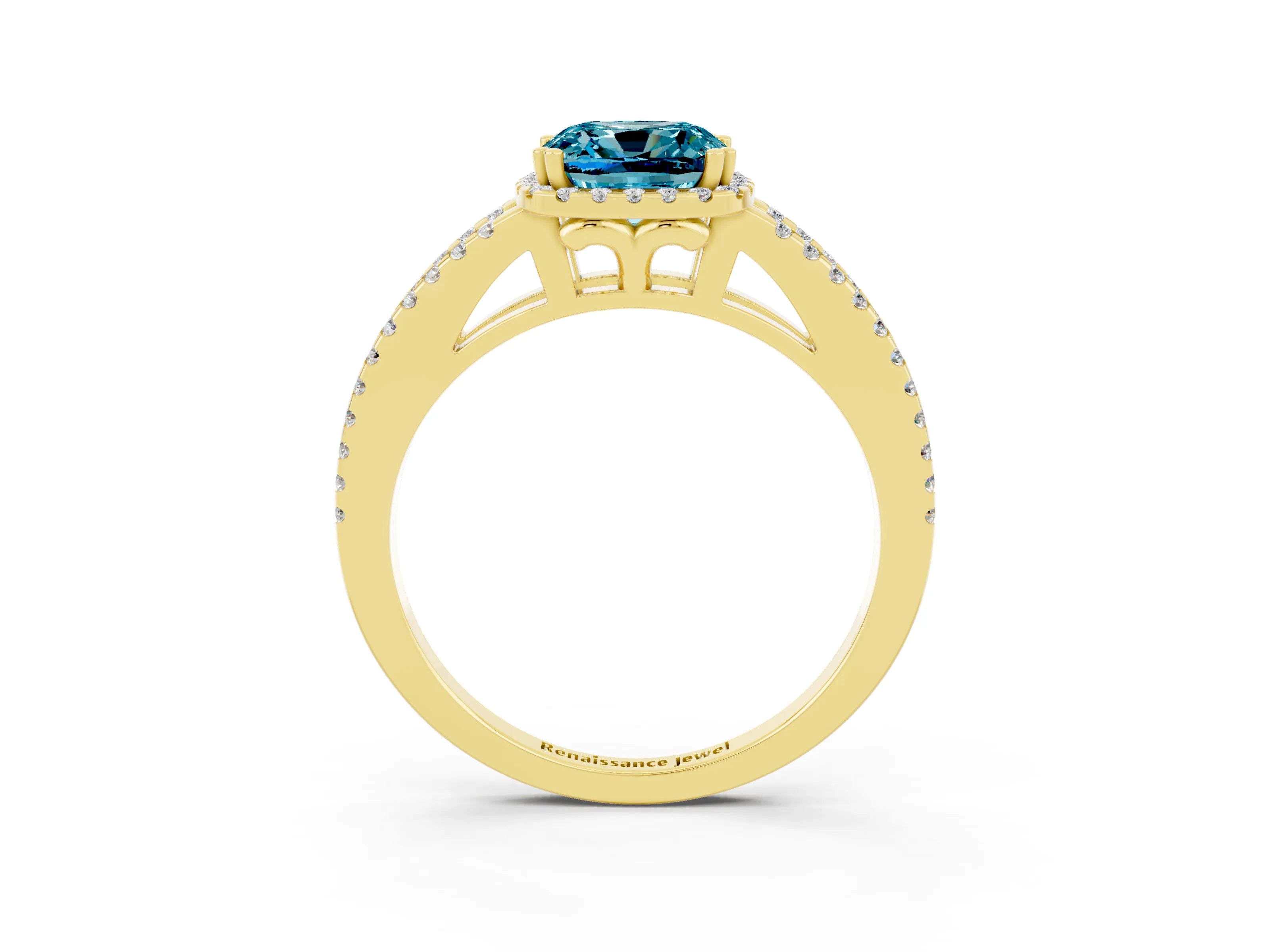 Yellow gold Cushion Cut Blue Topaz Halo Split Shank Engagement Ring_15
