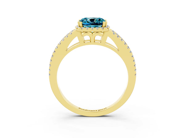 Yellow gold Cushion Cut Blue Topaz Halo Split Shank Engagement Ring