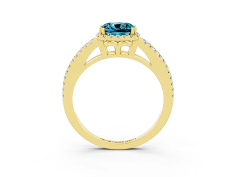 Yellow gold Cushion Cut Blue Topaz Halo Split Shank Engagement Ring_15