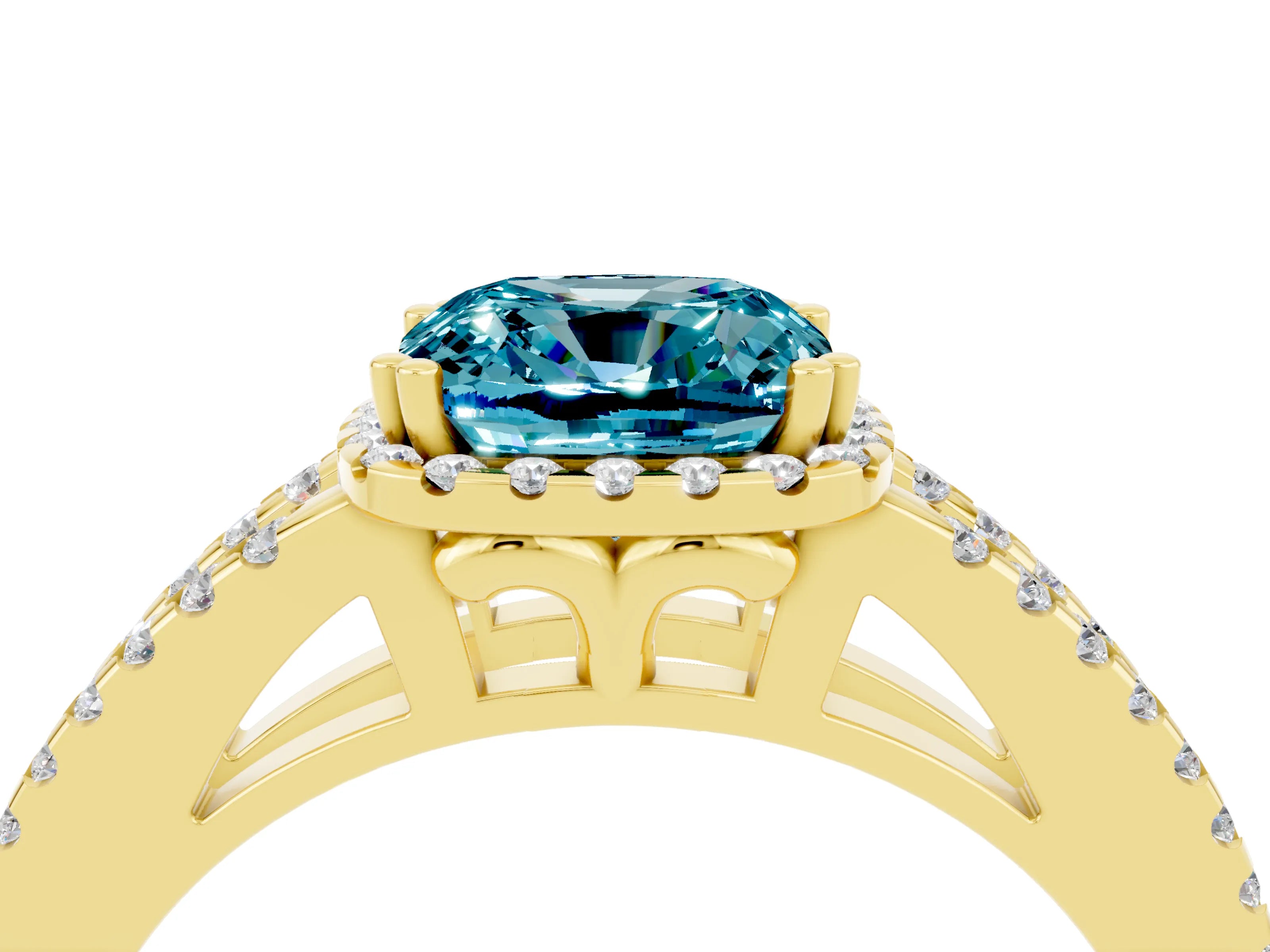 Yellow gold Cushion Cut Blue Topaz Halo Split Shank Engagement Ring_16