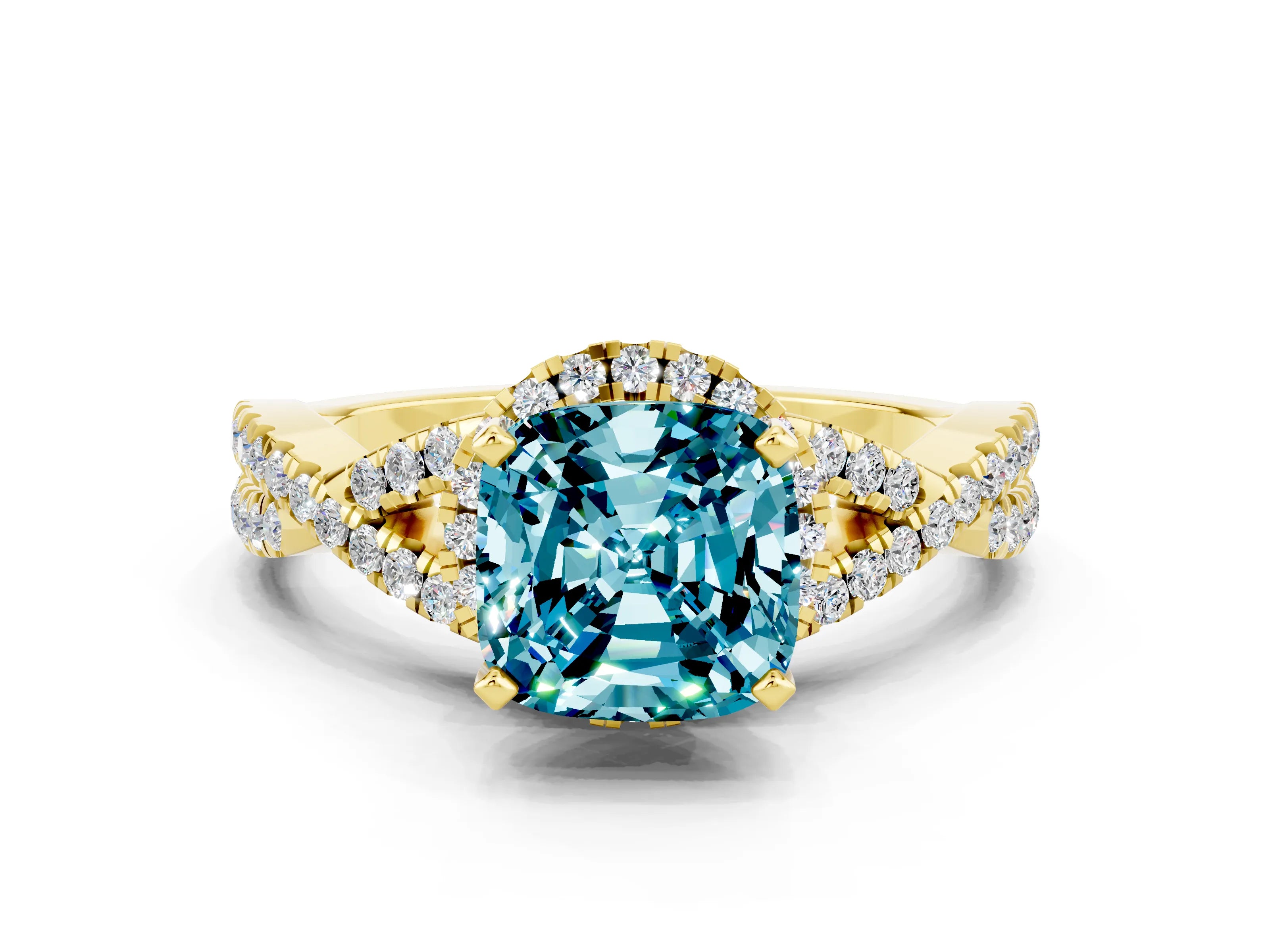 Yellow gold Cushion Cut Blue Topaz Halo Twist Band Solitaire Prong Setting Ring