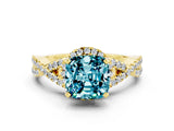 Yellow gold Cushion Cut Blue Topaz Halo Twist Band Solitaire Prong Setting Ring