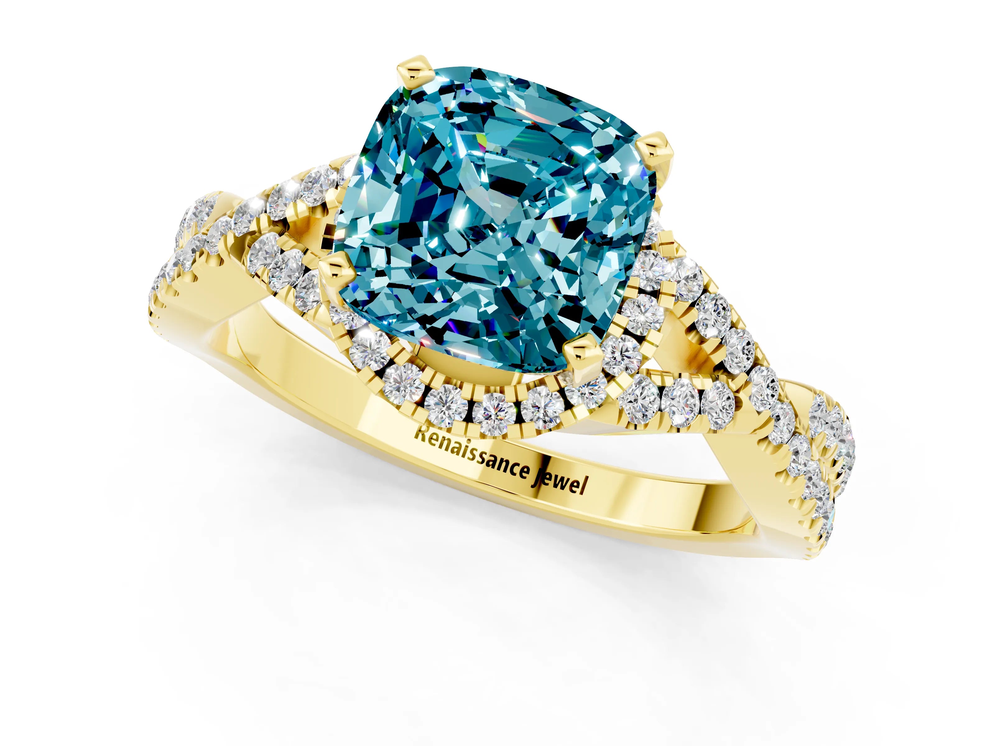Yellow gold Cushion Cut Blue Topaz Halo Twist Band Solitaire Prong Setting Ring_1