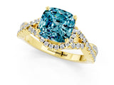 Yellow gold Cushion Cut Blue Topaz Halo Twist Band Solitaire Prong Setting Ring_1