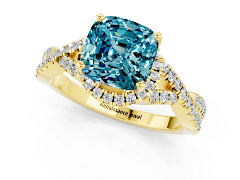 Yellow gold Cushion Cut Blue Topaz Halo Twist Band Solitaire Prong Setting Ring_1