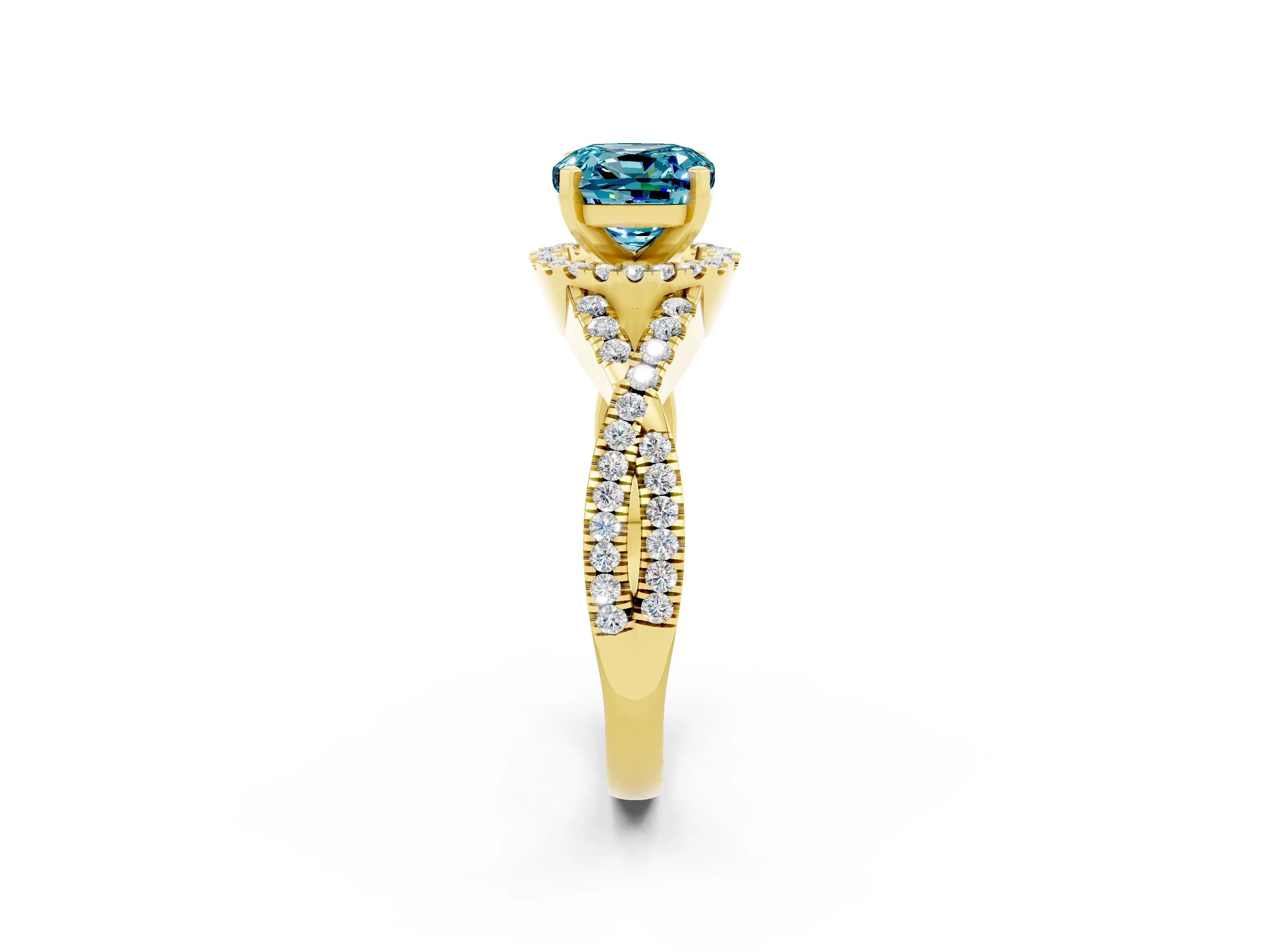 Yellow gold Cushion Cut Blue Topaz Halo Twist Band Solitaire Prong Setting Ring_2