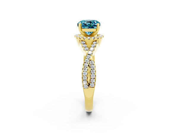 Yellow gold Cushion Cut Blue Topaz  Halo Twist Band Solitaire Prong Setting Ring