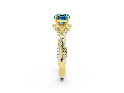 Yellow gold Cushion Cut Blue Topaz Halo Twist Band Solitaire Prong Setting Ring_2