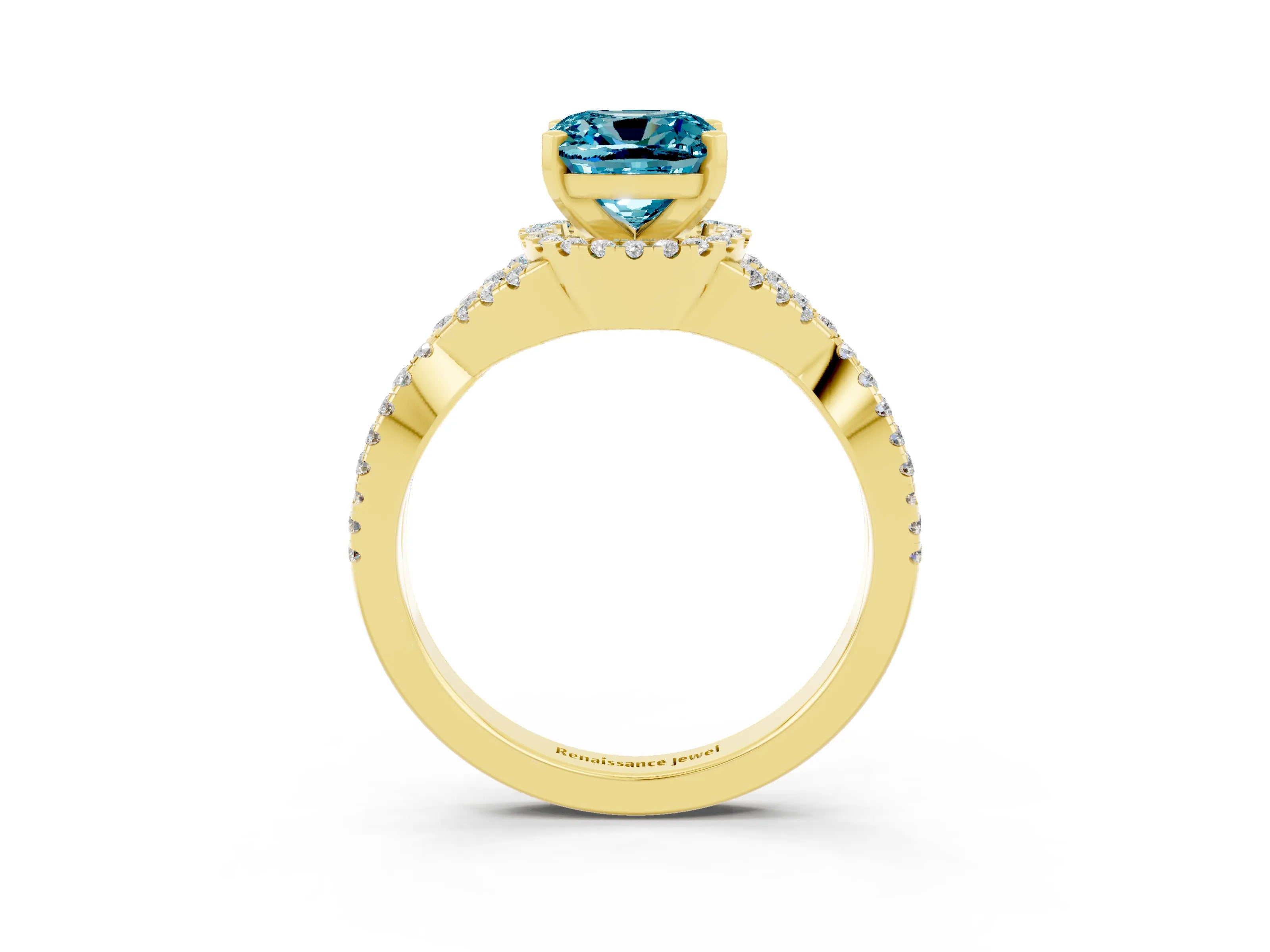 Yellow gold Cushion Cut Blue Topaz Halo Twist Band Solitaire Prong Setting Ring_3
