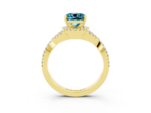 Yellow gold Cushion Cut Blue Topaz  Halo Twist Band Solitaire Prong Setting Ring