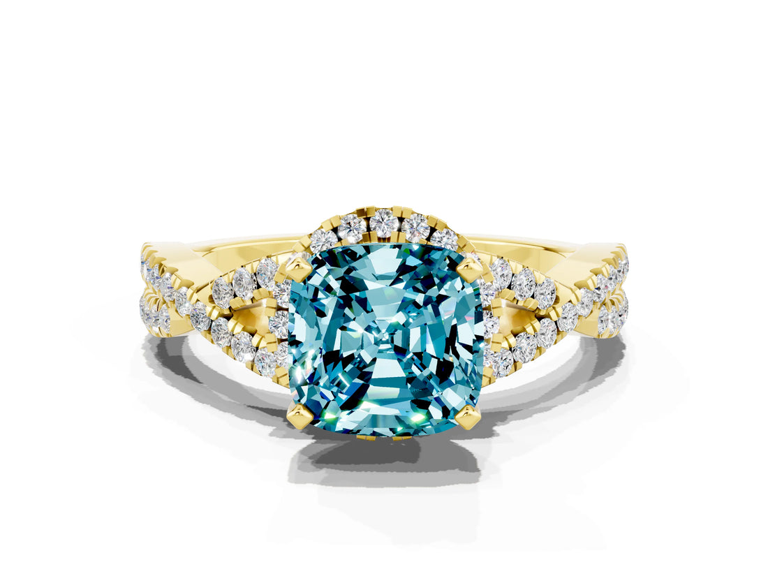 Yellow gold Cushion Cut Blue Topaz  Halo Twist Band Solitaire Prong Setting Ring_36