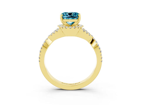 Yellow gold Cushion Cut Blue Topaz Halo Twist Band Solitaire Prong Setting Ring_3