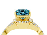 Yellow gold Cushion Cut Blue Topaz  Halo Twist Band Solitaire Prong Setting Ring_40
