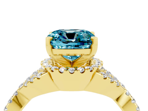 Yellow gold Cushion Cut Blue Topaz Halo Twist Band Solitaire Prong Setting Ring_4