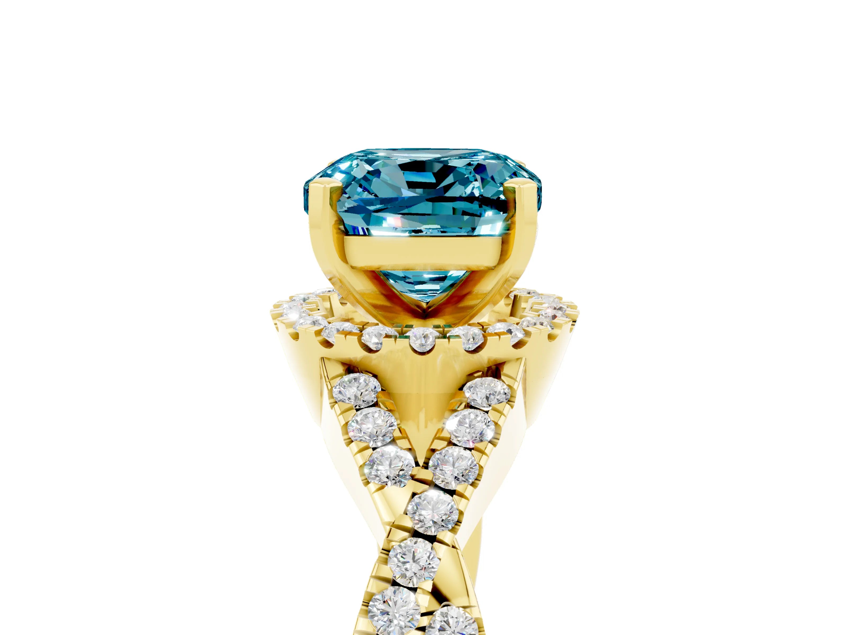 Yellow gold Cushion Cut Blue Topaz Halo Twist Band Solitaire Prong Setting Ring_5