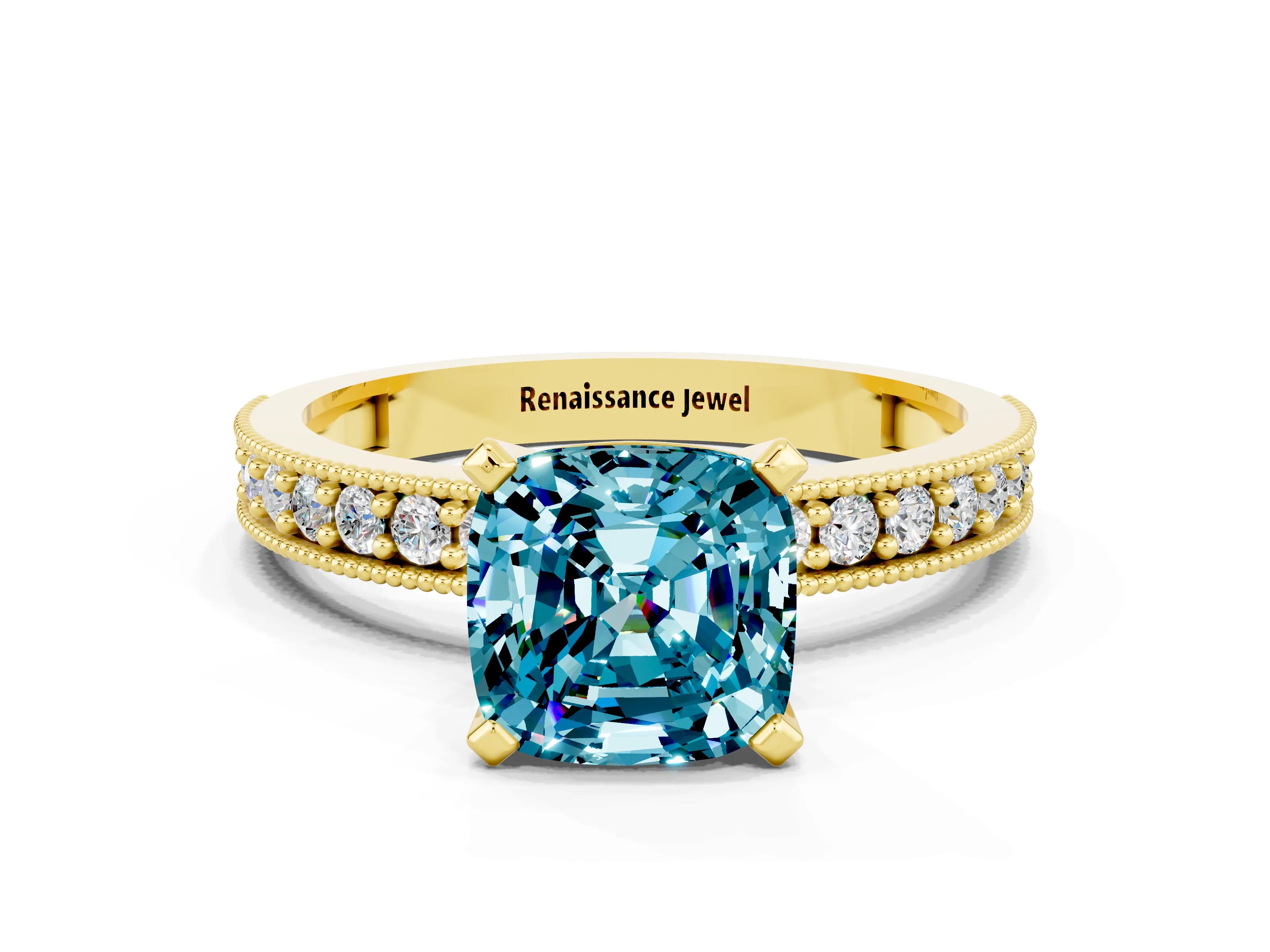 Yellow gold Cushion Cut Blue Topaz Milgrain Pavé Engagement Ring with Four-Prong Setting_12