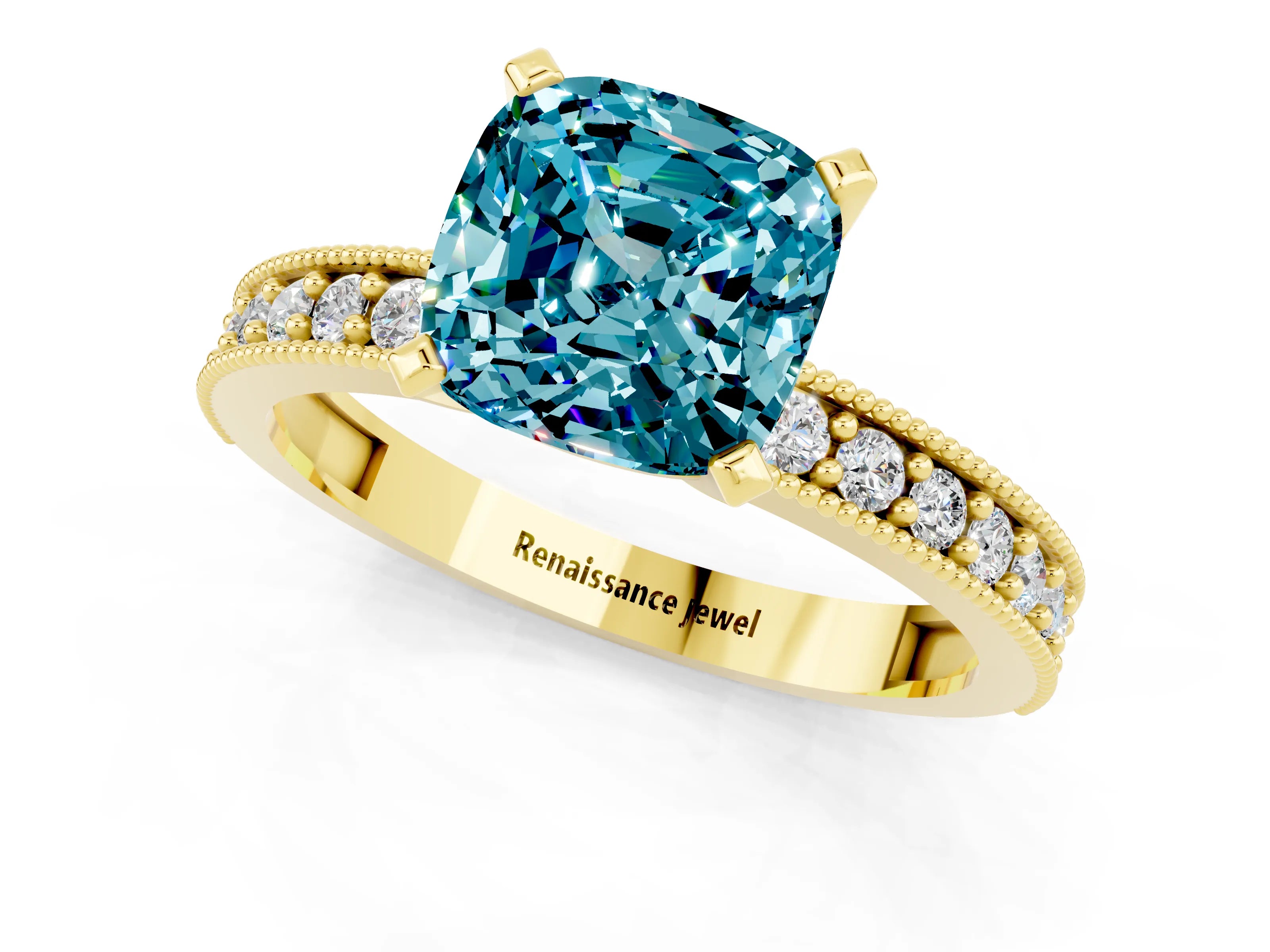 Yellow gold Cushion Cut Blue Topaz Milgrain Pavé Engagement Ring with Four-Prong Setting_13