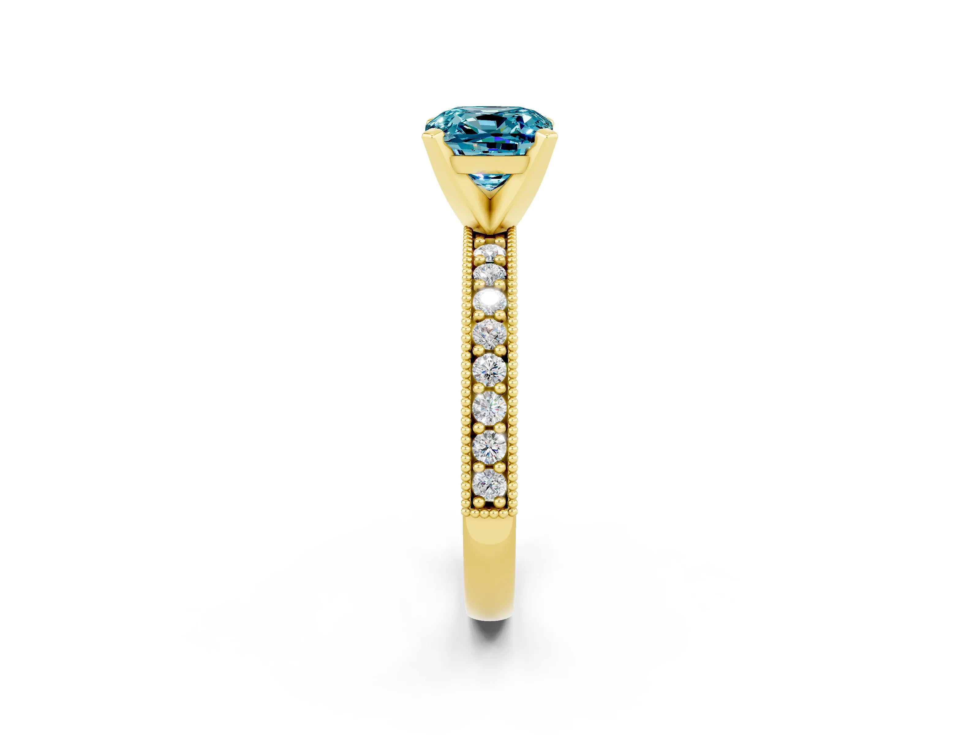 Yellow gold Cushion Cut Blue Topaz Milgrain Pavé Engagement Ring with Four-Prong Setting_14