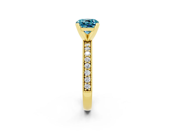Yellow gold Cushion Cut Blue Topaz Milgrain Pavé Engagement Ring with Four-Prong Setting