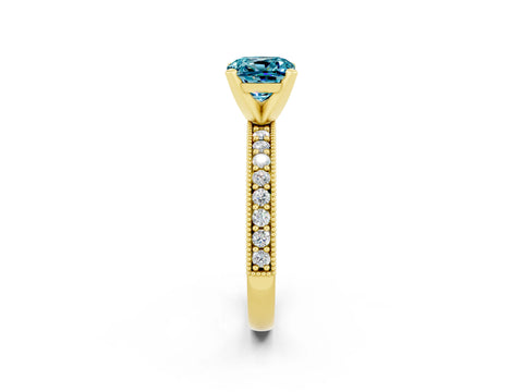 Yellow gold Cushion Cut Blue Topaz Milgrain Pavé Engagement Ring with Four-Prong Setting_14