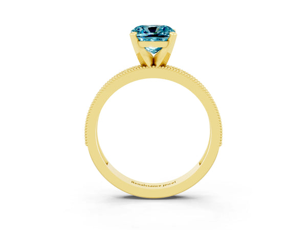 Yellow gold Cushion Cut Blue Topaz Milgrain Pavé Engagement Ring with Four-Prong Setting