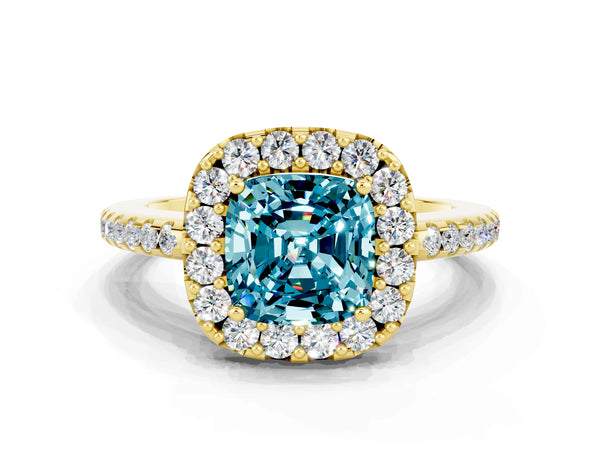 Yellow gold Cushion Cut Blue Topaz Pavé Halo Ring with Four-Prong Setting