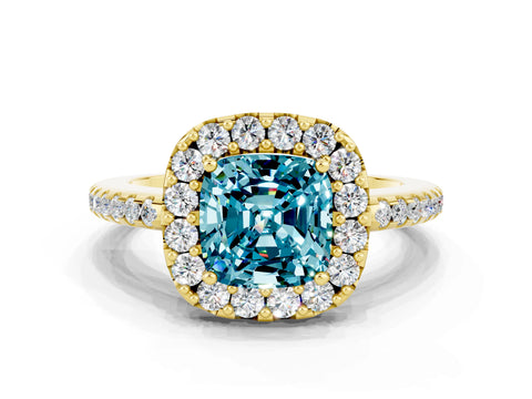 Yellow gold Cushion Cut Blue Topaz Pavé Halo Ring with Four-Prong Setting_12