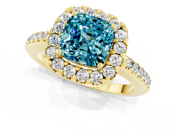 Yellow gold Cushion Cut Blue Topaz Pavé Halo Ring with Four-Prong Setting