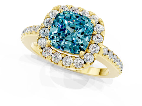 Yellow gold Cushion Cut Blue Topaz Pavé Halo Ring with Four-Prong Setting_13