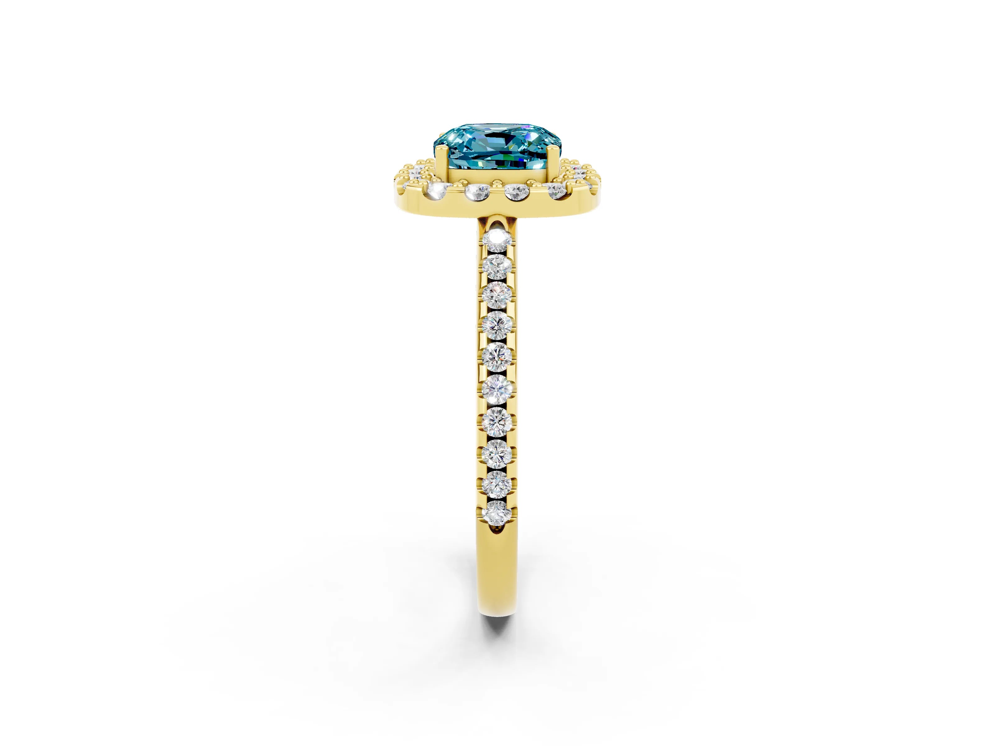 Yellow gold Cushion Cut Blue Topaz Pavé Halo Ring with Four-Prong Setting_14
