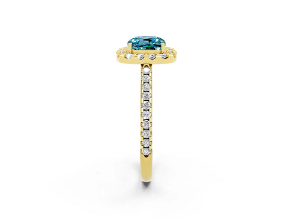 Yellow gold Cushion Cut Blue Topaz Pavé Halo Ring with Four-Prong Setting