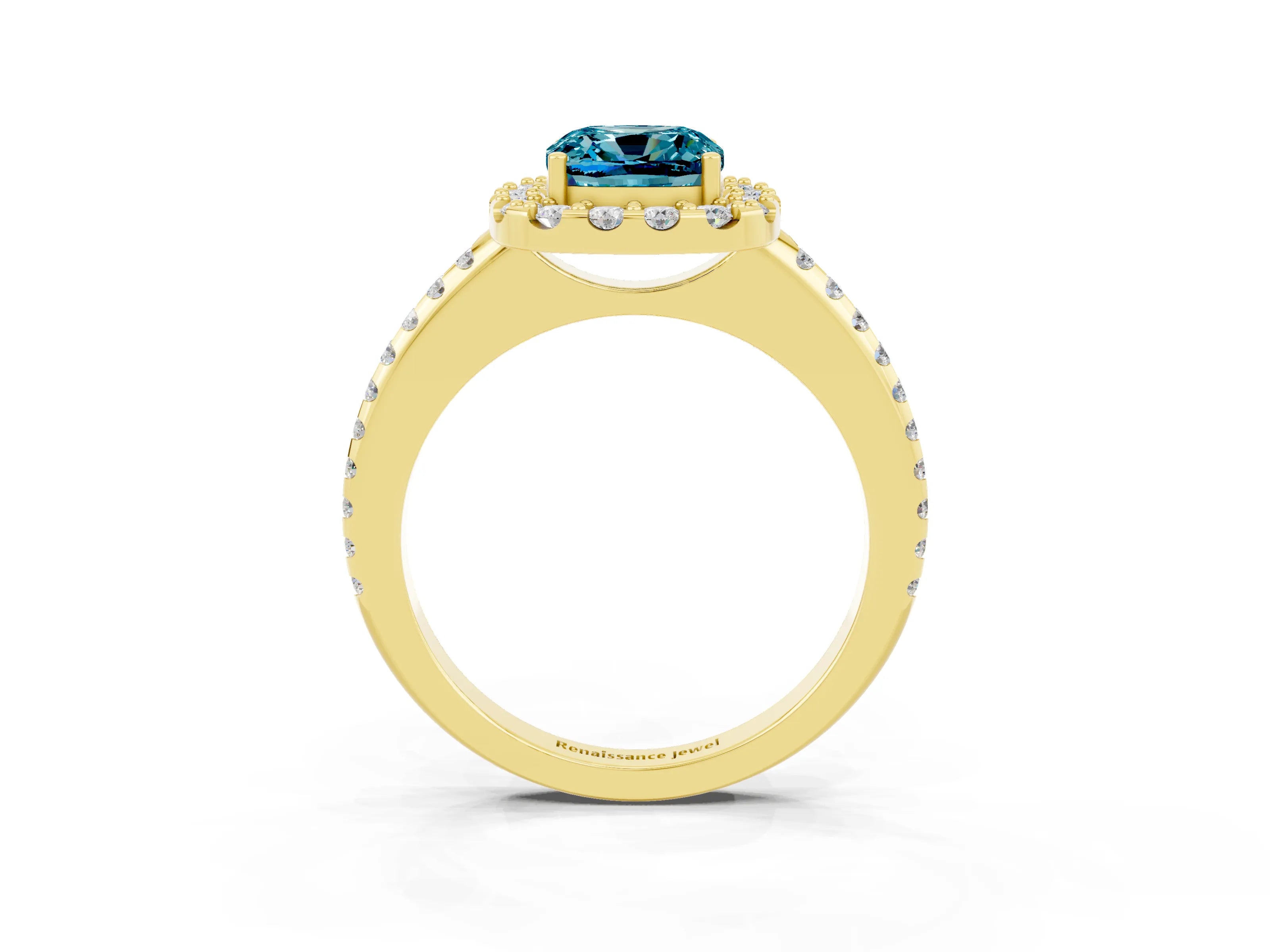 Yellow gold Cushion Cut Blue Topaz Pavé Halo Ring with Four-Prong Setting_15