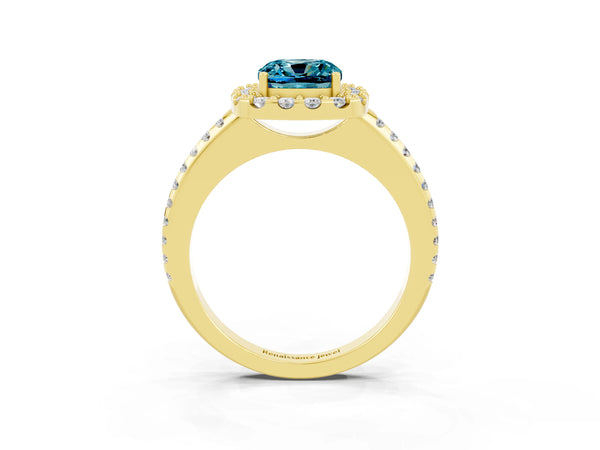 Yellow gold Cushion Cut Blue Topaz Pavé Halo Ring with Four-Prong Setting