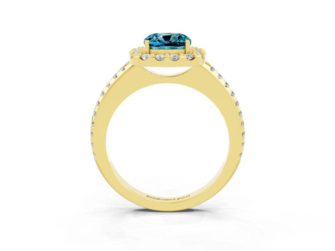 Yellow gold Cushion Cut Blue Topaz Pavé Halo Ring with Four-Prong Setting_15