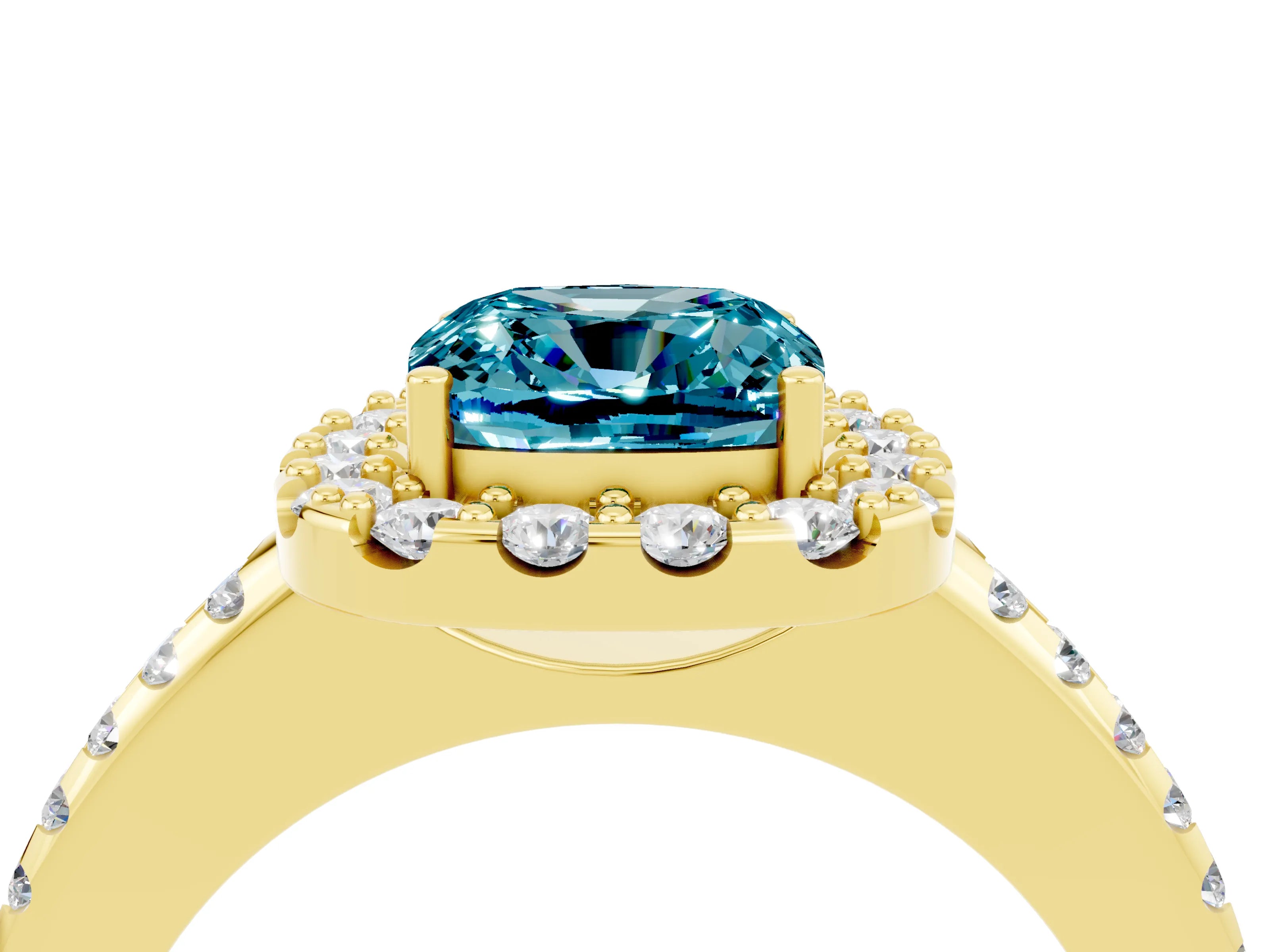 Yellow gold Cushion Cut Blue Topaz Pavé Halo Ring with Four-Prong Setting_16