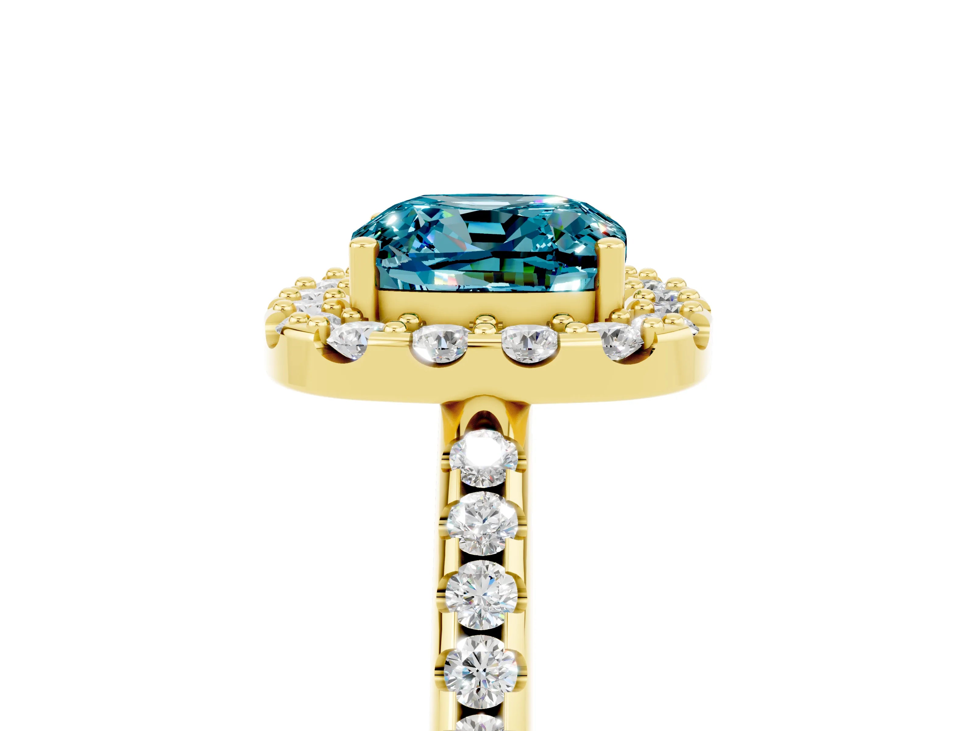 Yellow gold Cushion Cut Blue Topaz Pavé Halo Ring with Four-Prong Setting_17