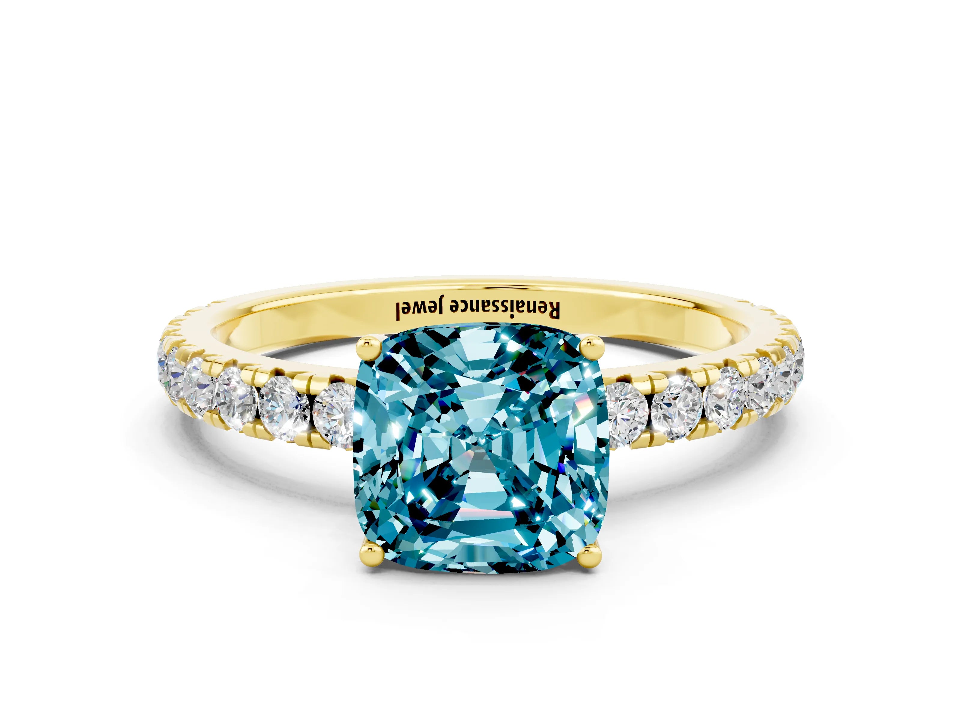 Yellow gold Cushion Cut Blue Topaz Pavé Solitaire Engagement Ring with Four-Prong Setting_12